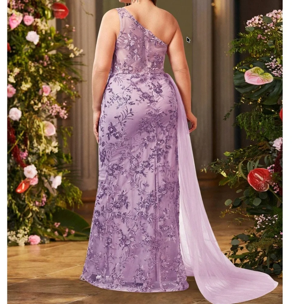 Plus Purple Floral Sequin One Shoulder Split Thigh Party Wedding Dress - Picture 4 of 5
